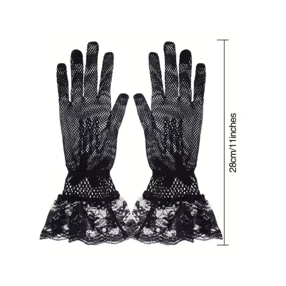 NWT Black Lace Fishnet Gloves Gothic Lolita Victorian Ruffle Bow Tea Party Short